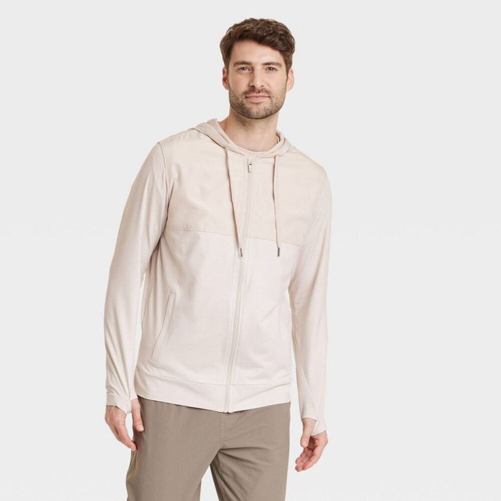 Men's Soft Stretch Hooded Full Zip Top - All In Motion Heathered Beige S